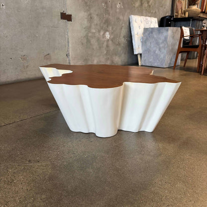 Modern Fiberglass + Walnut Veneer Top Coffee Table