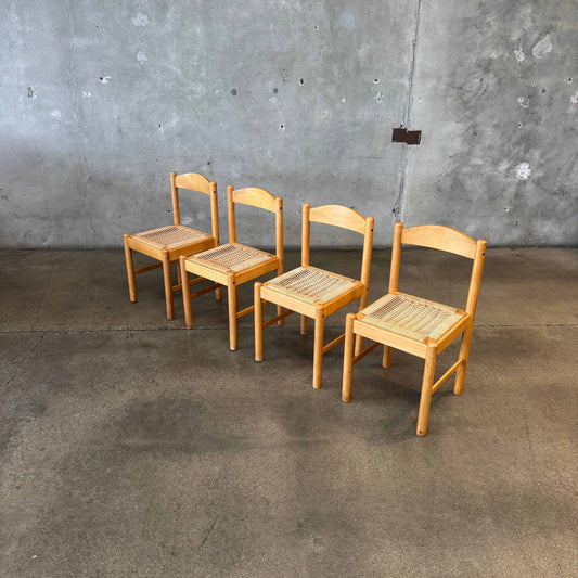 Vintage Solid Beech + Woven Cord Seat Dining Chairs, Made In Yugoslavia