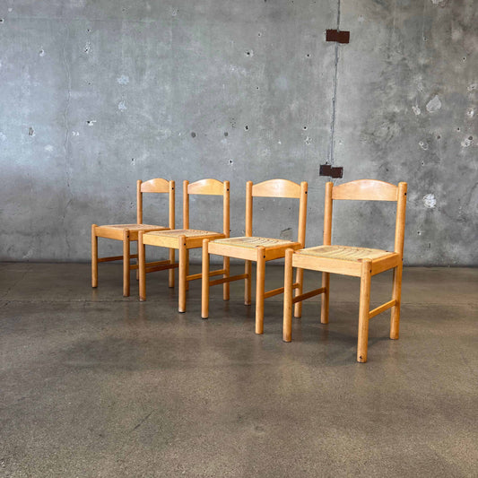 Vintage Solid Beech + Woven Cord Seat Dining Chairs, Made In Yugoslavia