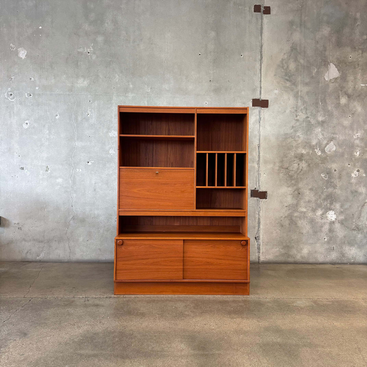 Danish Modern Teak Shelf Cabinet W/ Drop Down Desk + Original Key