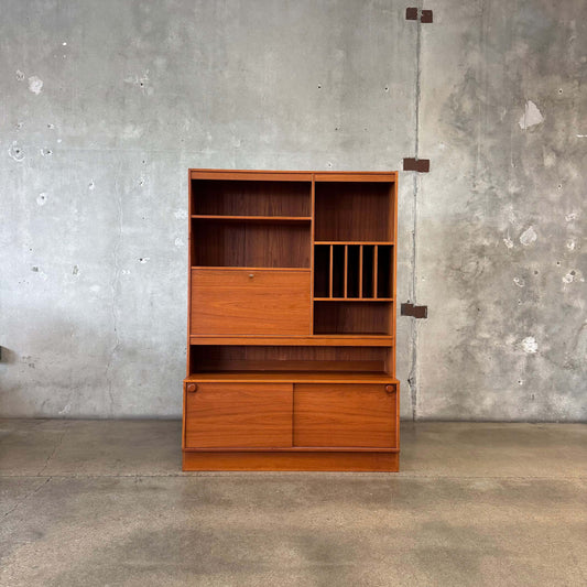 Danish Modern Teak Shelf Cabinet W/ Drop Down Desk + Original Key