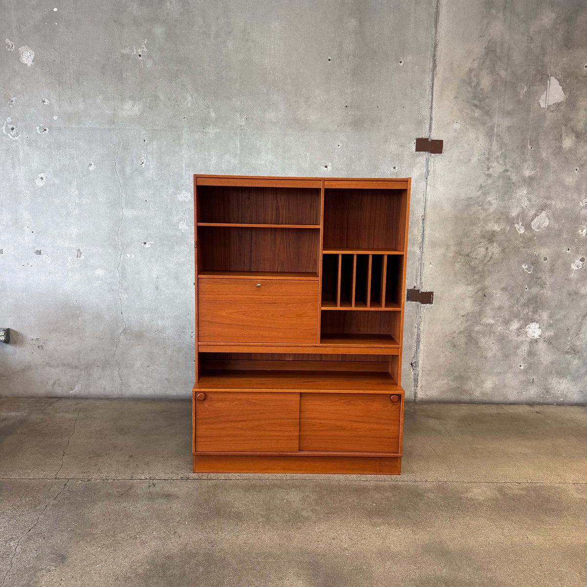 Danish Modern Teak Shelf Cabinet W/ Drop Down Desk + Original Key
