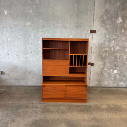 Danish Modern Teak Shelf Cabinet W/ Drop Down Desk + Original Key
