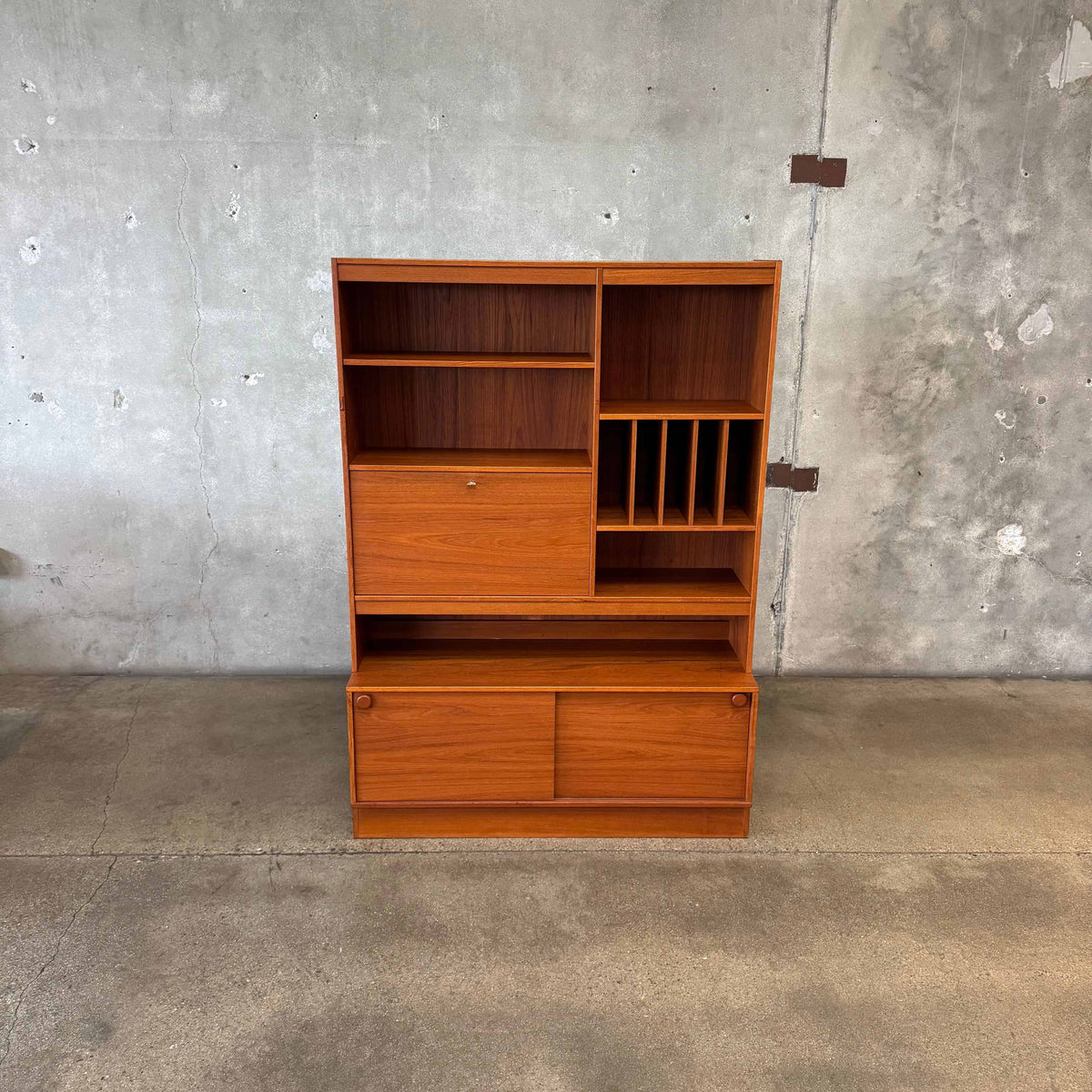Danish Modern Teak Shelf Cabinet W/ Drop Down Desk + Original Key