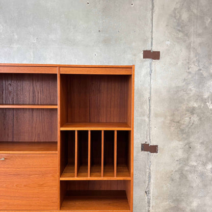 Danish Modern Teak Shelf Cabinet W/ Drop Down Desk + Original Key
