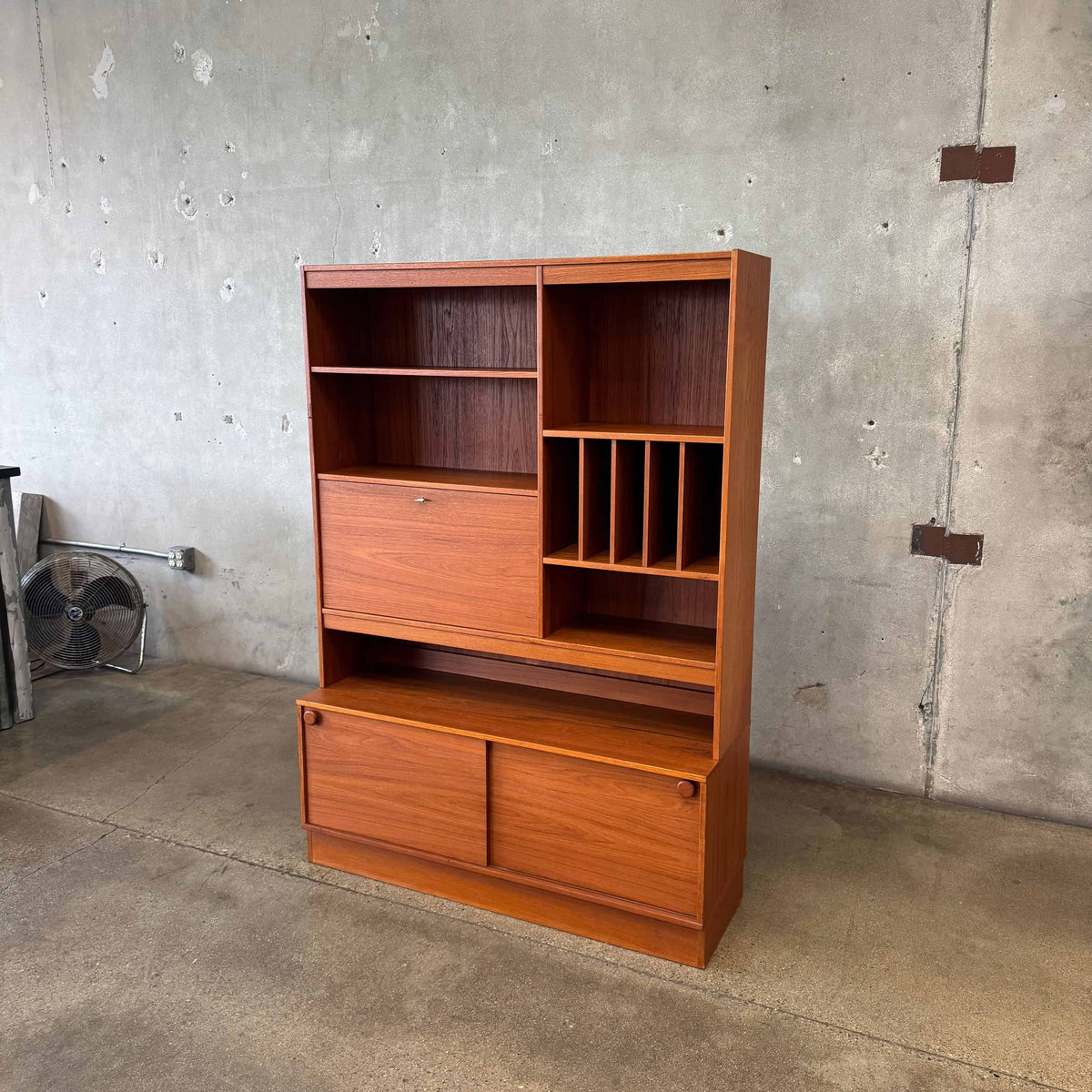 Danish Modern Teak Shelf Cabinet W/ Drop Down Desk + Original Key
