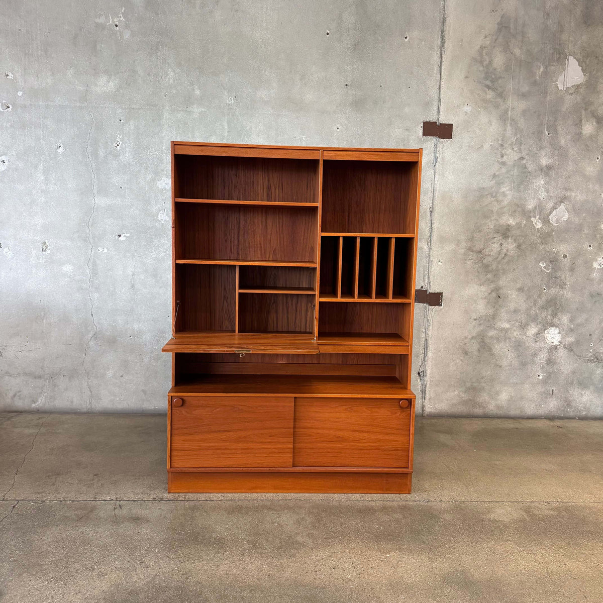 Danish Modern Teak Shelf Cabinet W/ Drop Down Desk + Original Key