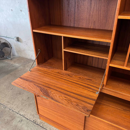 Danish Modern Teak Shelf Cabinet W/ Drop Down Desk + Original Key