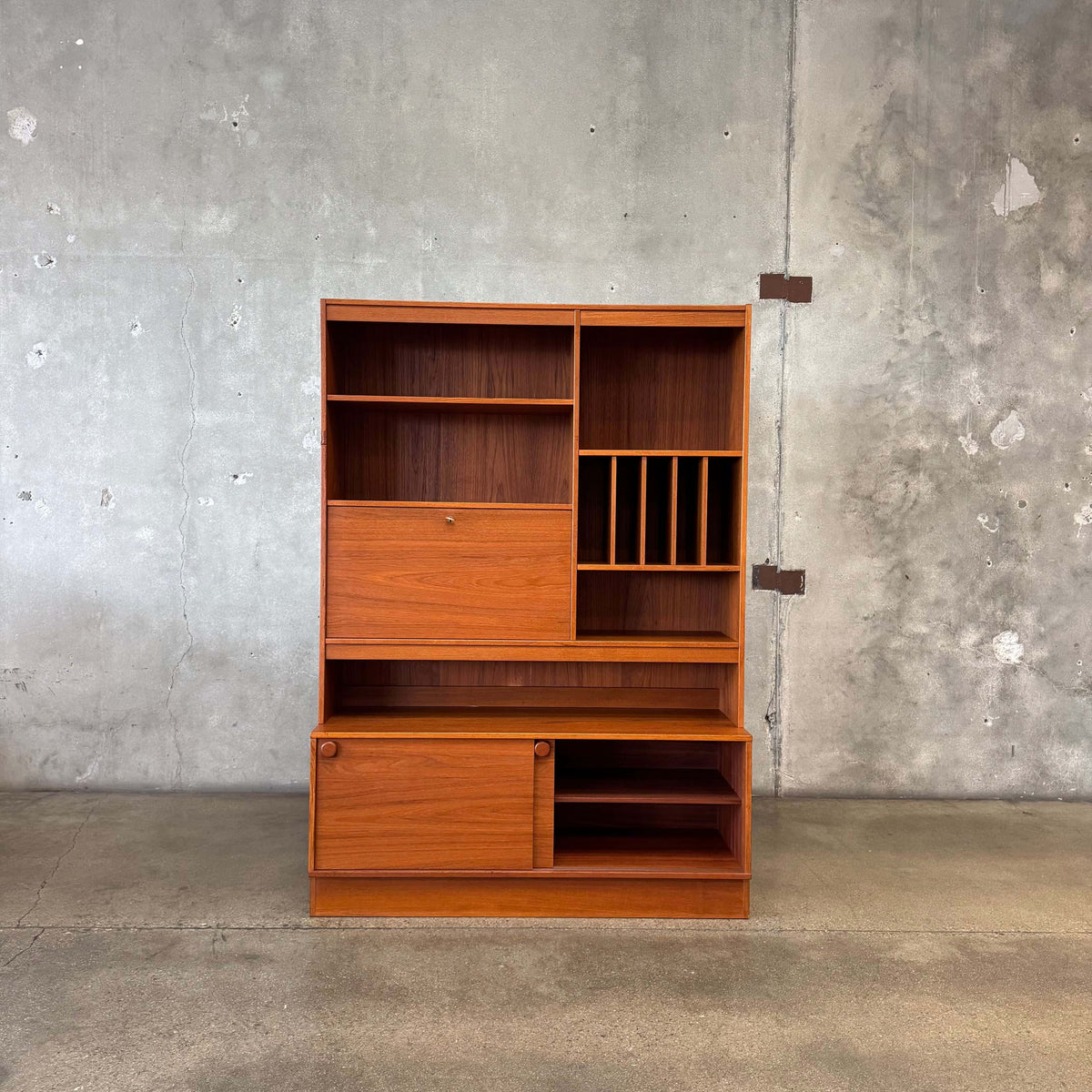 Danish Modern Teak Shelf Cabinet W/ Drop Down Desk + Original Key