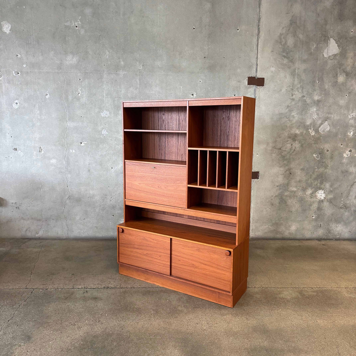 Danish Modern Teak Shelf Cabinet W/ Drop Down Desk + Original Key