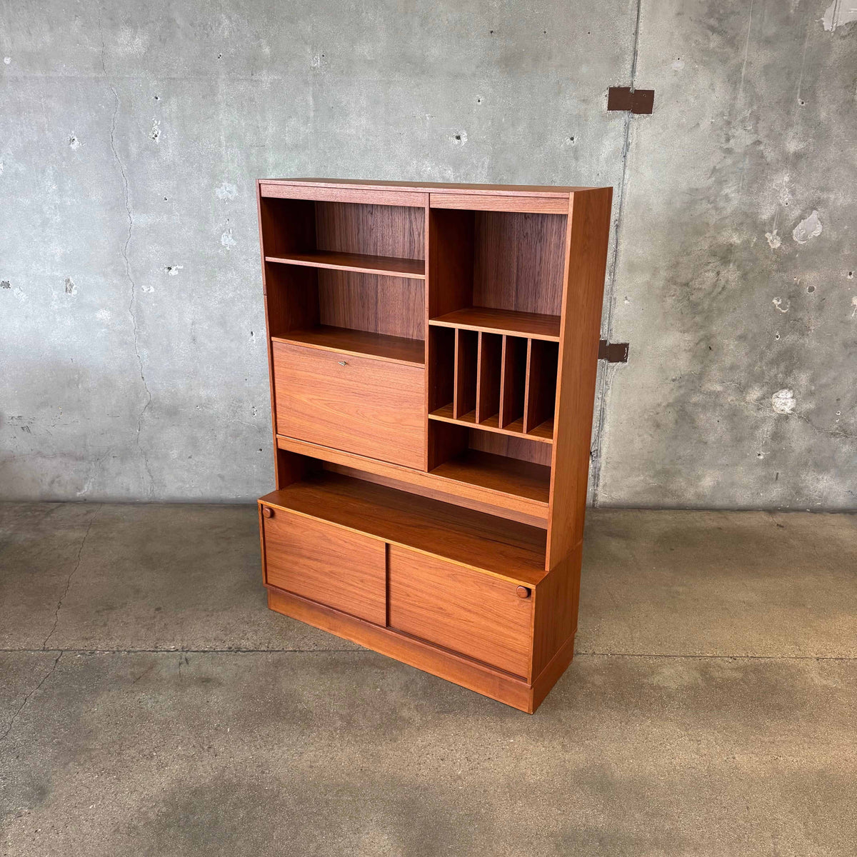 Danish Modern Teak Shelf Cabinet W/ Drop Down Desk + Original Key