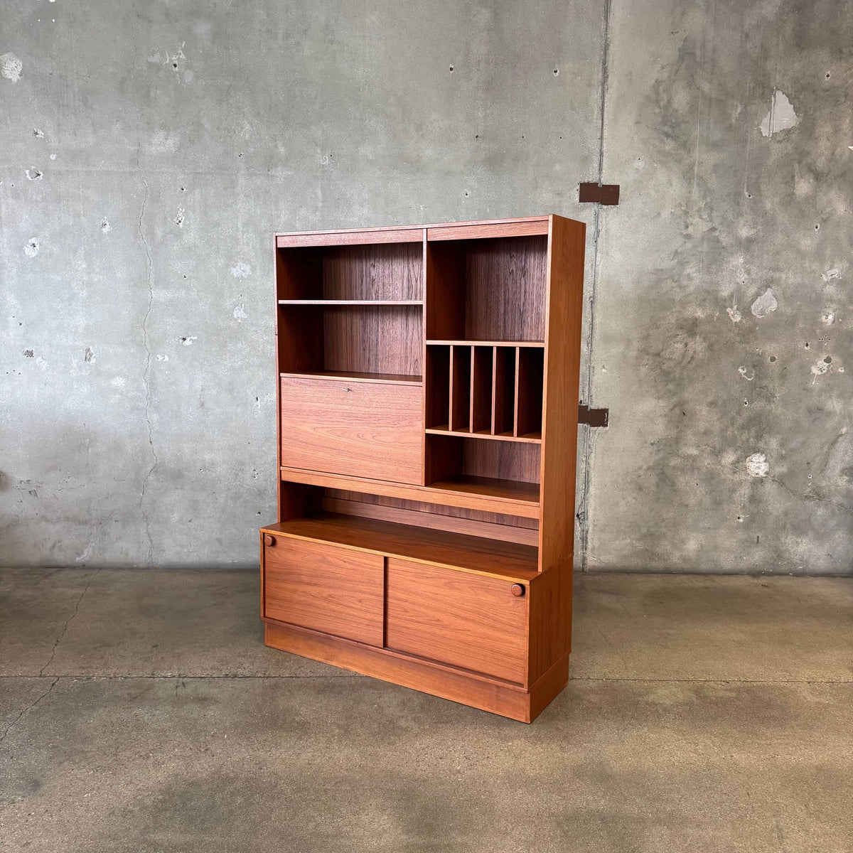 Danish Modern Teak Shelf Cabinet W/ Drop Down Desk + Original Key