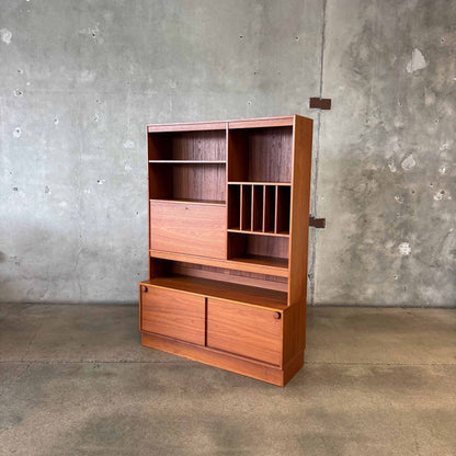 Danish Modern Teak Shelf Cabinet W/ Drop Down Desk + Original Key