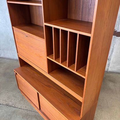 Danish Modern Teak Shelf Cabinet W/ Drop Down Desk + Original Key