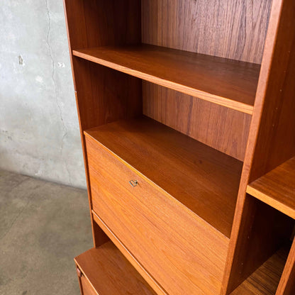 Danish Modern Teak Shelf Cabinet W/ Drop Down Desk + Original Key