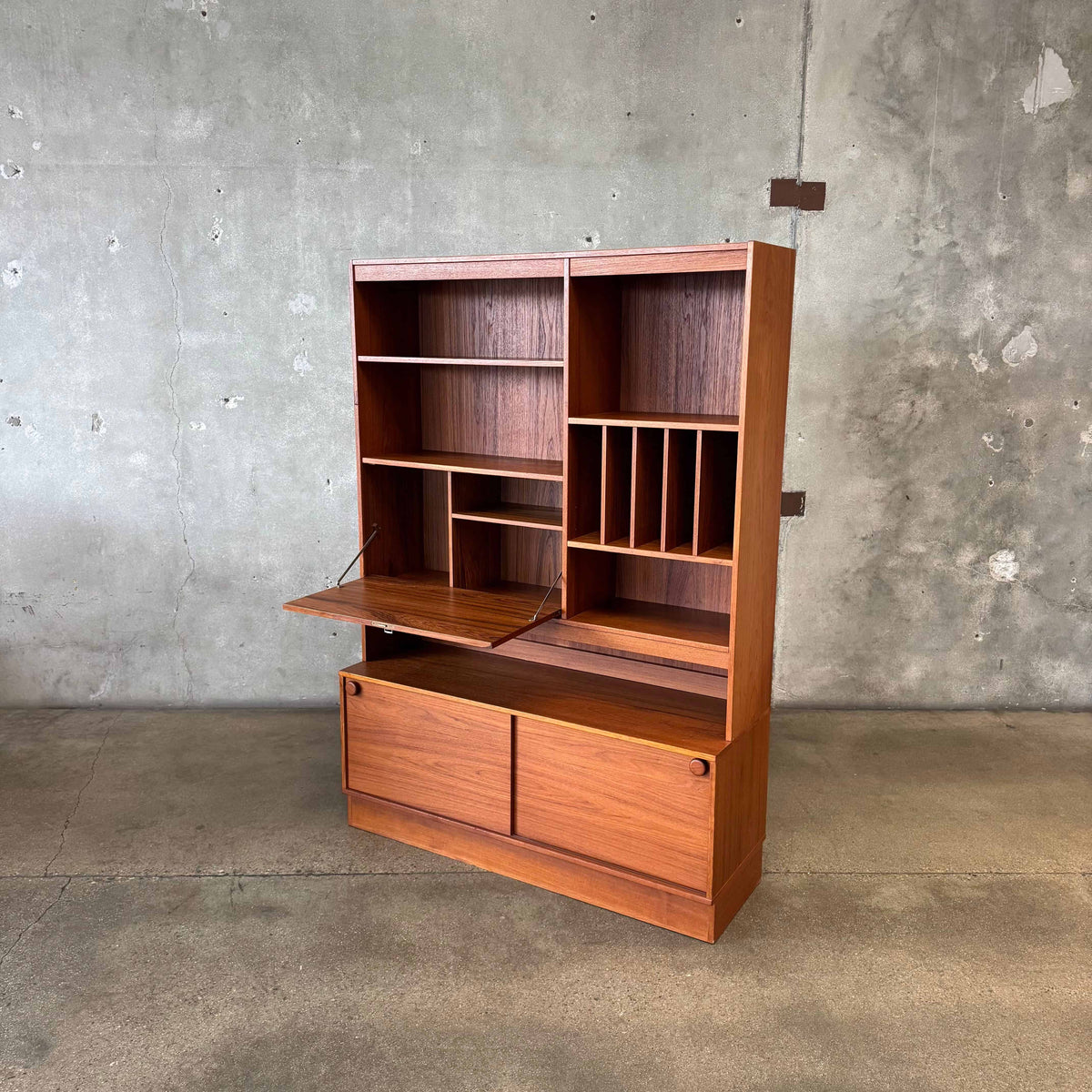 Danish Modern Teak Shelf Cabinet W/ Drop Down Desk + Original Key