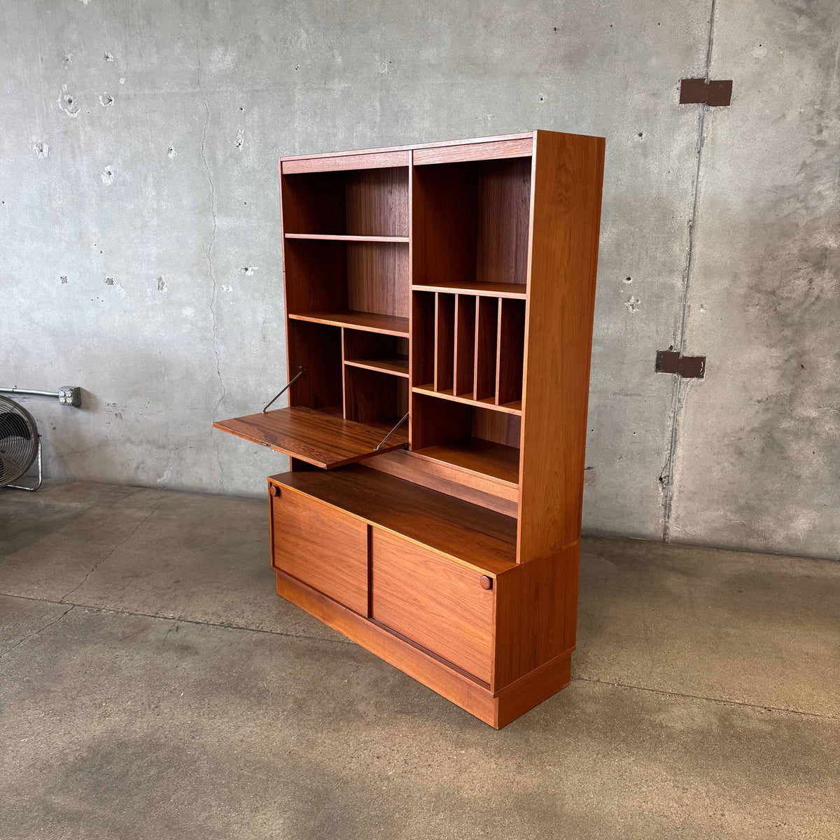 Danish Modern Teak Shelf Cabinet W/ Drop Down Desk + Original Key