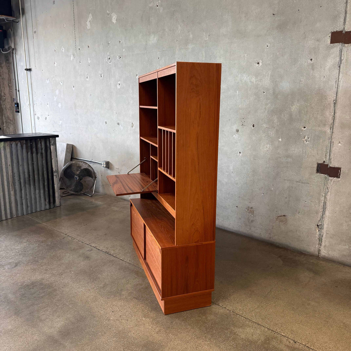 Danish Modern Teak Shelf Cabinet W/ Drop Down Desk + Original Key