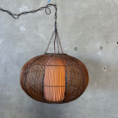 Mid Century Modern Scandinavian Tiki Bent Rattan Swag Lamp