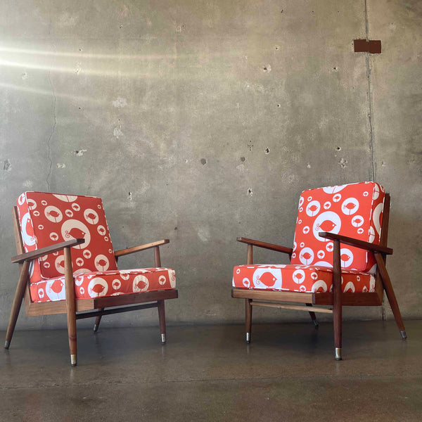 Pair of Mid Century Modern Orange Fabric Accent Chairs