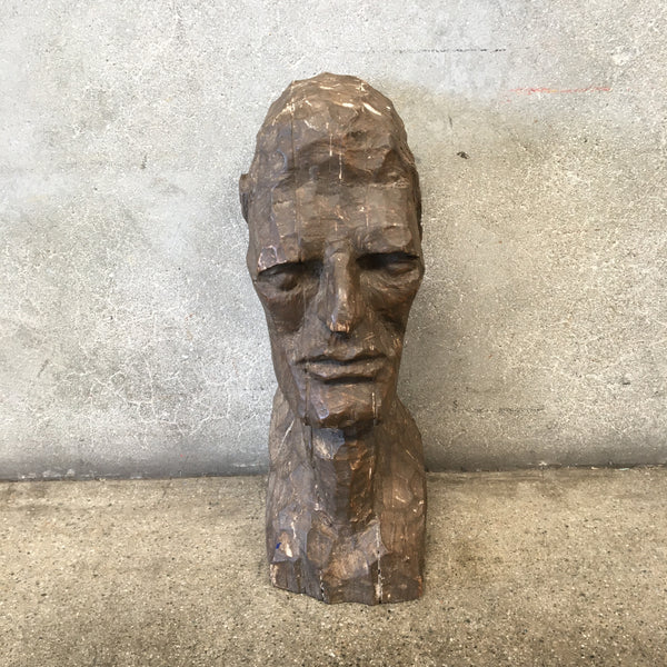 Chip Carved Wood Brutalist Mid Century Bust