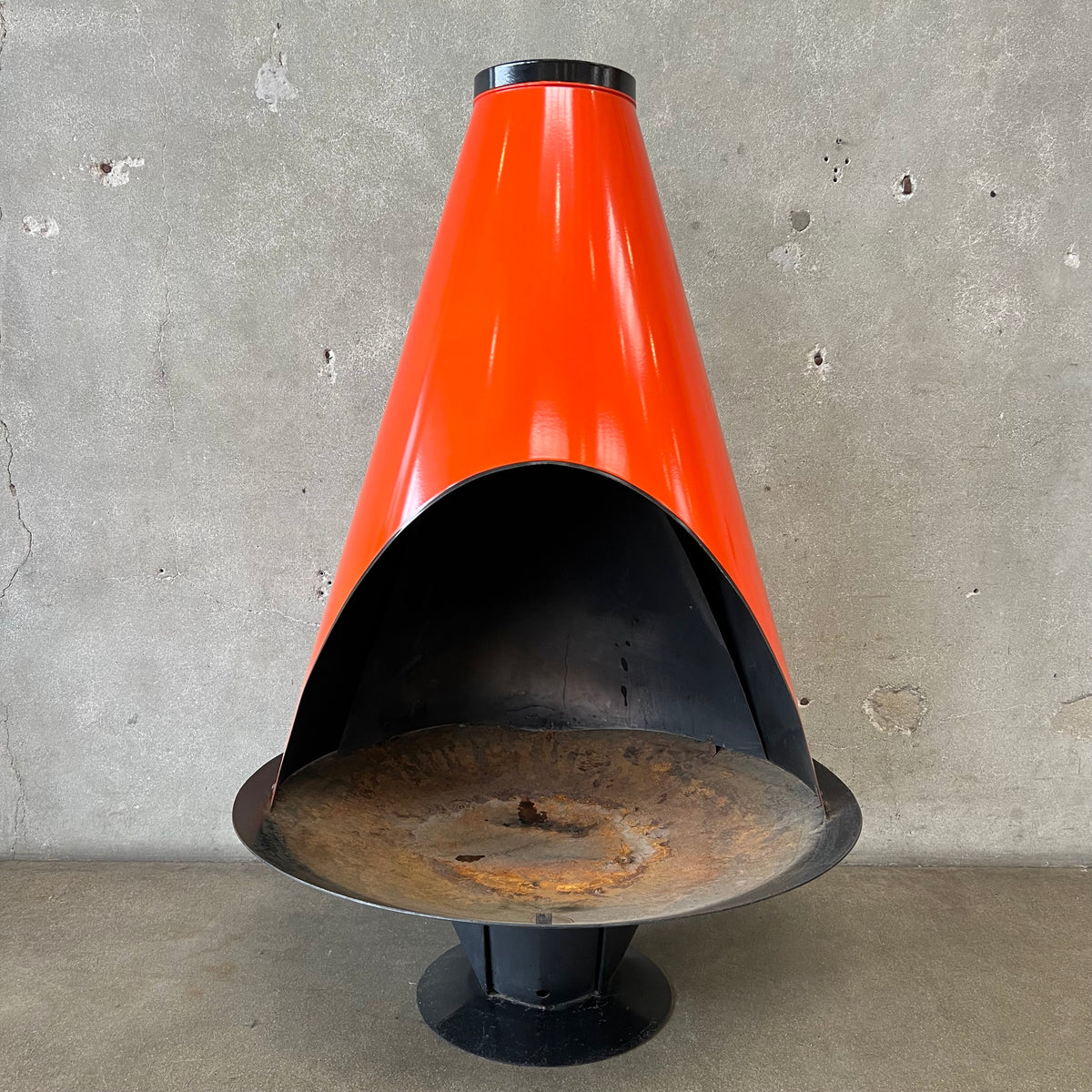 Vintage MCM Orange Porcelain Enamel Finish Conical Fireplace