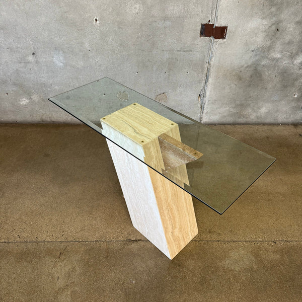 Post Modern Travertine and Glass console Table