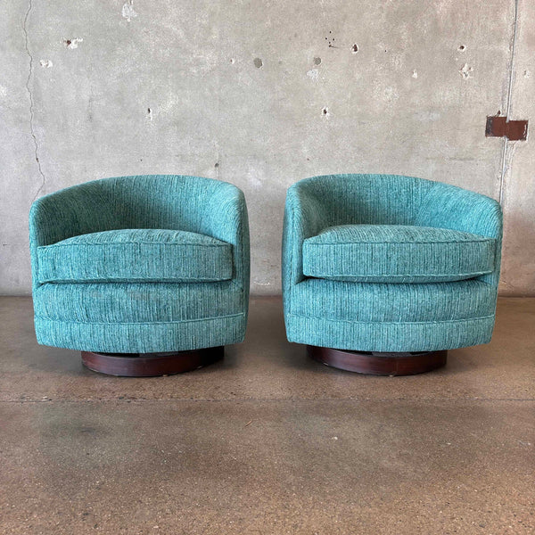 Pair Of Vintage MCM Club Chairs w/Swivel & Rocking Base In New MC Style Fabric