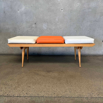 Mid Century Modern Wooden Slat Bench w/ 3 Cushions, Made in Italy