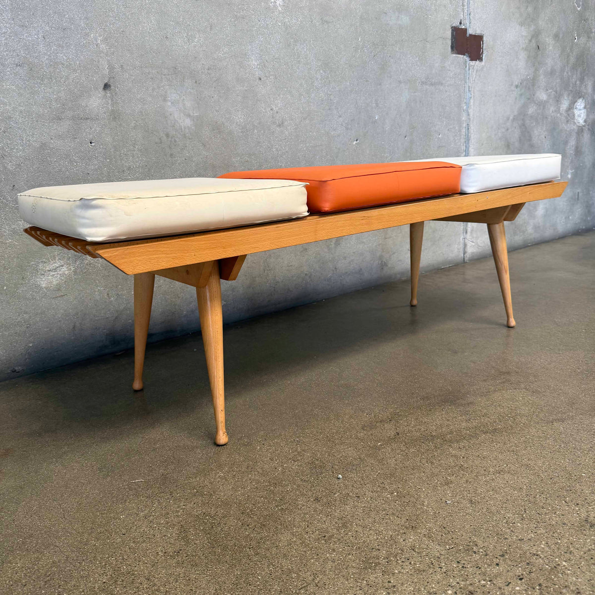Mid Century Modern Wooden Slat Bench w/ 3 Cushions, Made in Italy