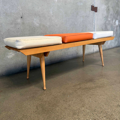 Mid Century Modern Wooden Slat Bench w/ 3 Cushions, Made in Italy