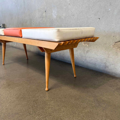 Mid Century Modern Wooden Slat Bench w/ 3 Cushions, Made in Italy