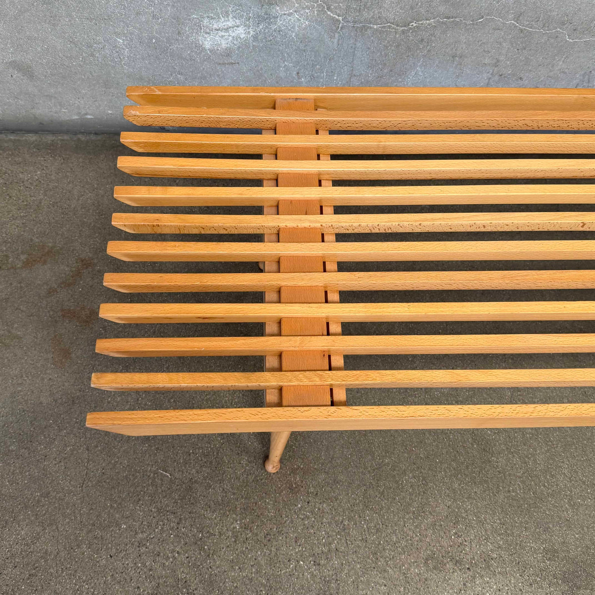 Mid Century Modern Wooden Slat Bench w/ 3 Cushions, Made in Italy