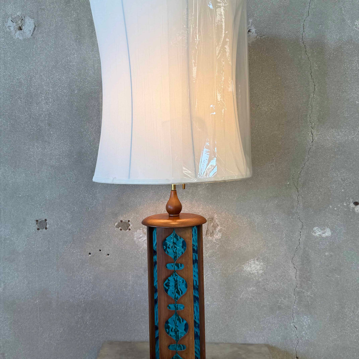 Mid Century Modern Modeline Walnut Blue Stained Glass Table Lamp