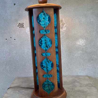 Mid Century Modern Modeline Walnut Blue Stained Glass Table Lamp