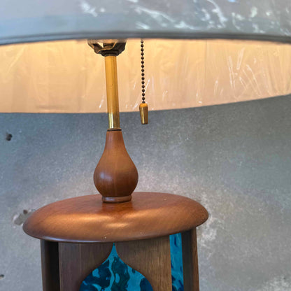 Mid Century Modern Modeline Walnut Blue Stained Glass Table Lamp