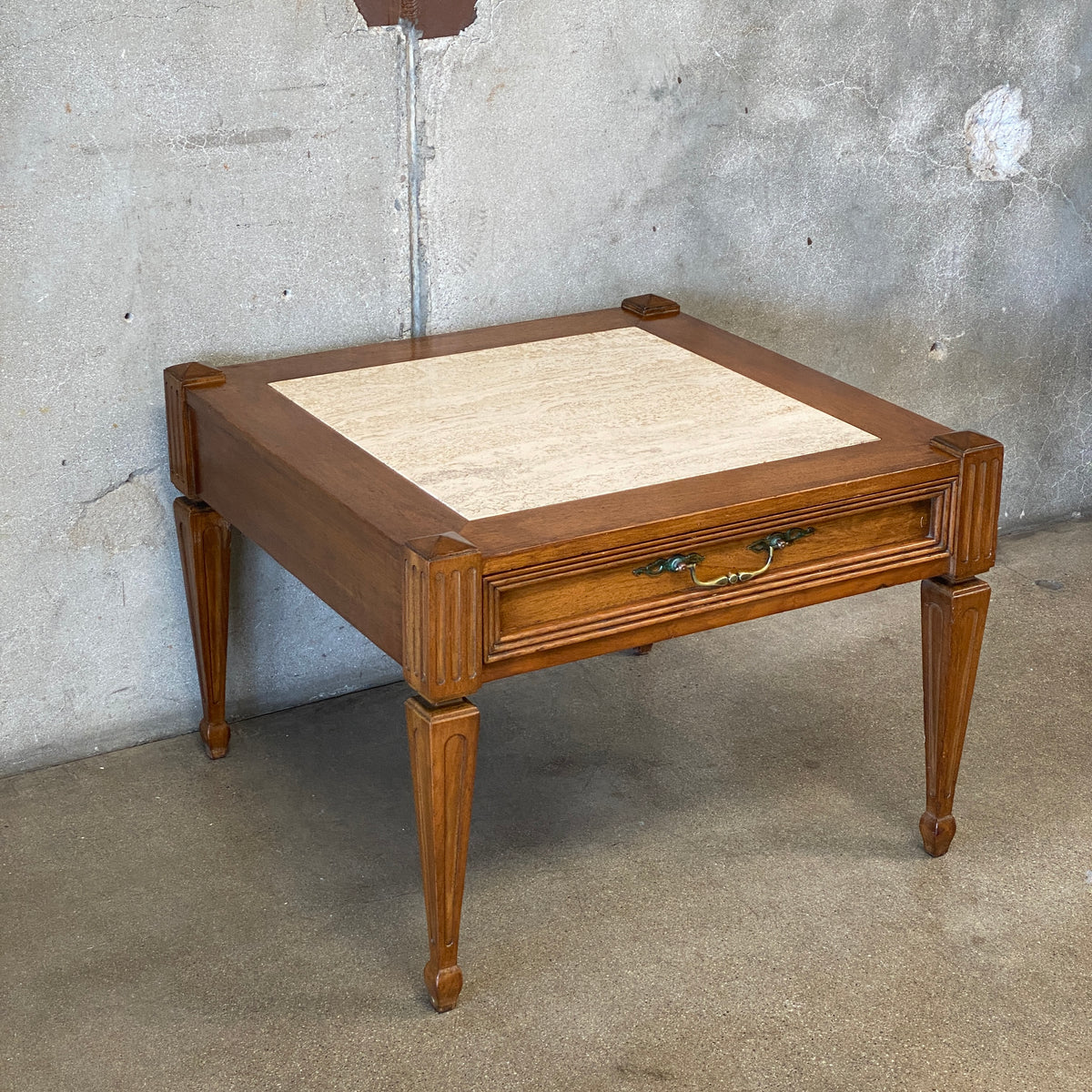 Vintage End Table with Travertine Inset Top