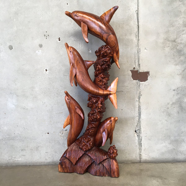 Hand Carved Teak Wood Dolphin Statue