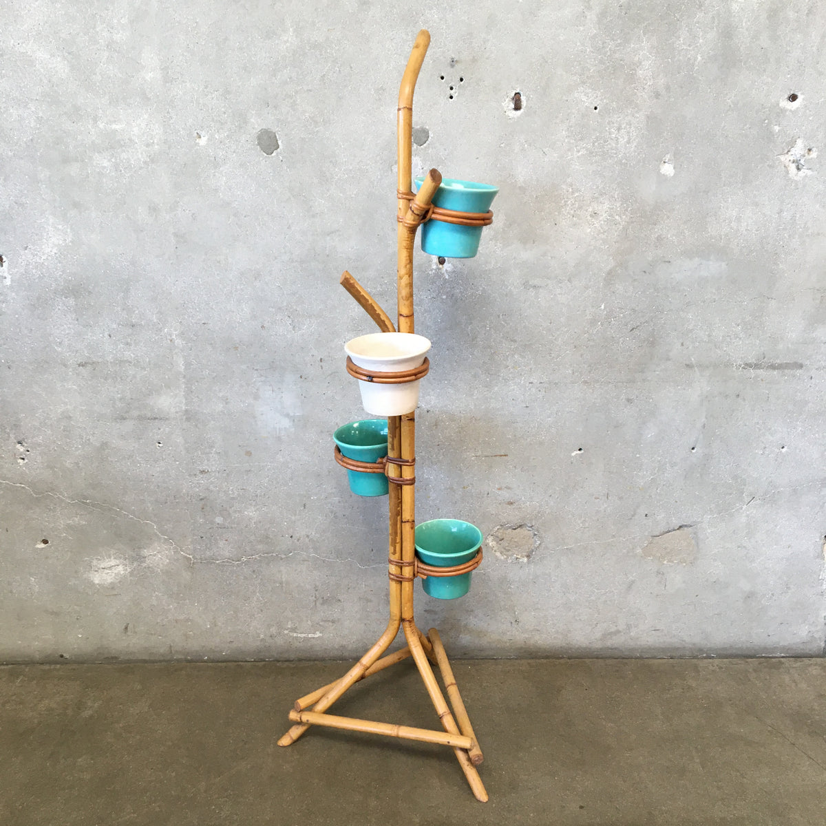 1940s-1950s Rattan Plant Stand with Four Bauer Pots