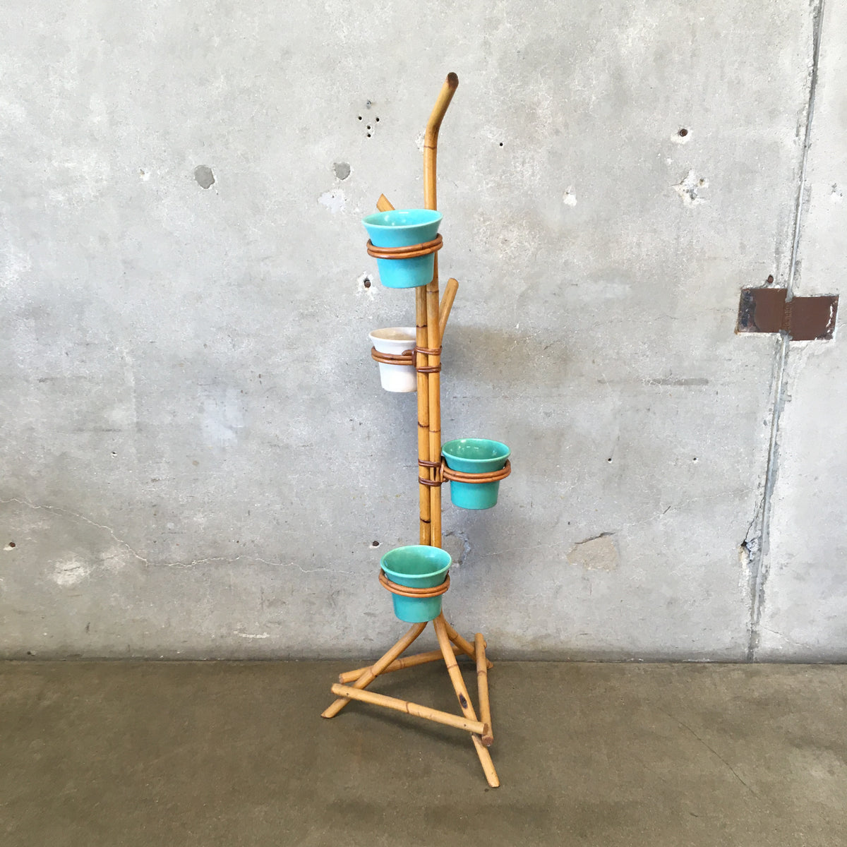 1940s-1950s Rattan Plant Stand with Four Bauer Pots
