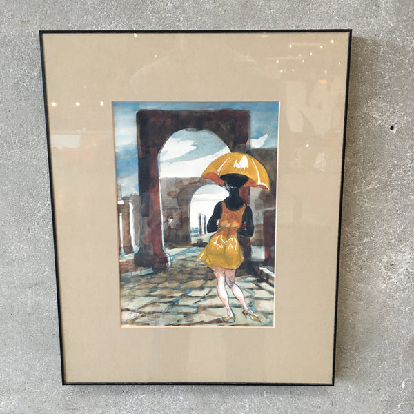 Vintage Signed Watercolor of Woman with an Umbrella