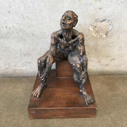 Mid Century Brutalist Ceramic / Wood Sculpture of a Woman by LK 62'