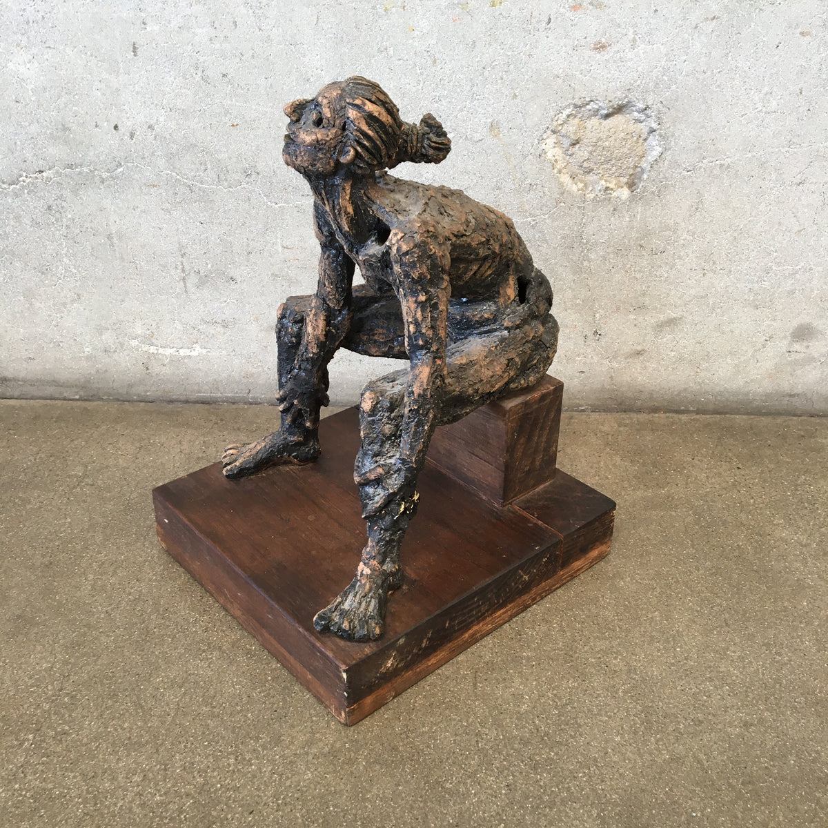 Mid Century Brutalist Ceramic / Wood Sculpture of a Woman by LK 62'