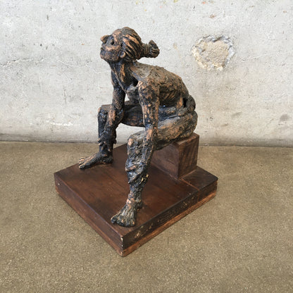 Mid Century Brutalist Ceramic / Wood Sculpture of a Woman by LK 62'