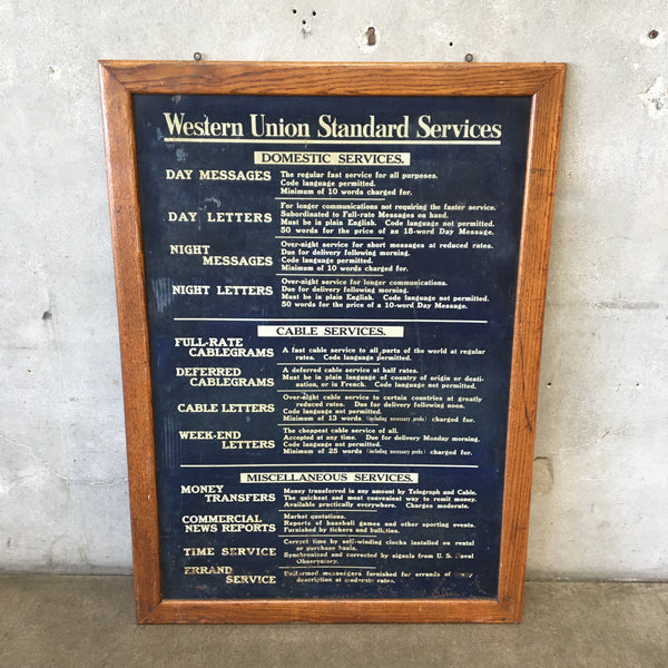 Vintage Western Union Standard Services Tin Sign 1920's