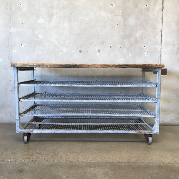Vintage Industrial Table with Shelving On Wheels