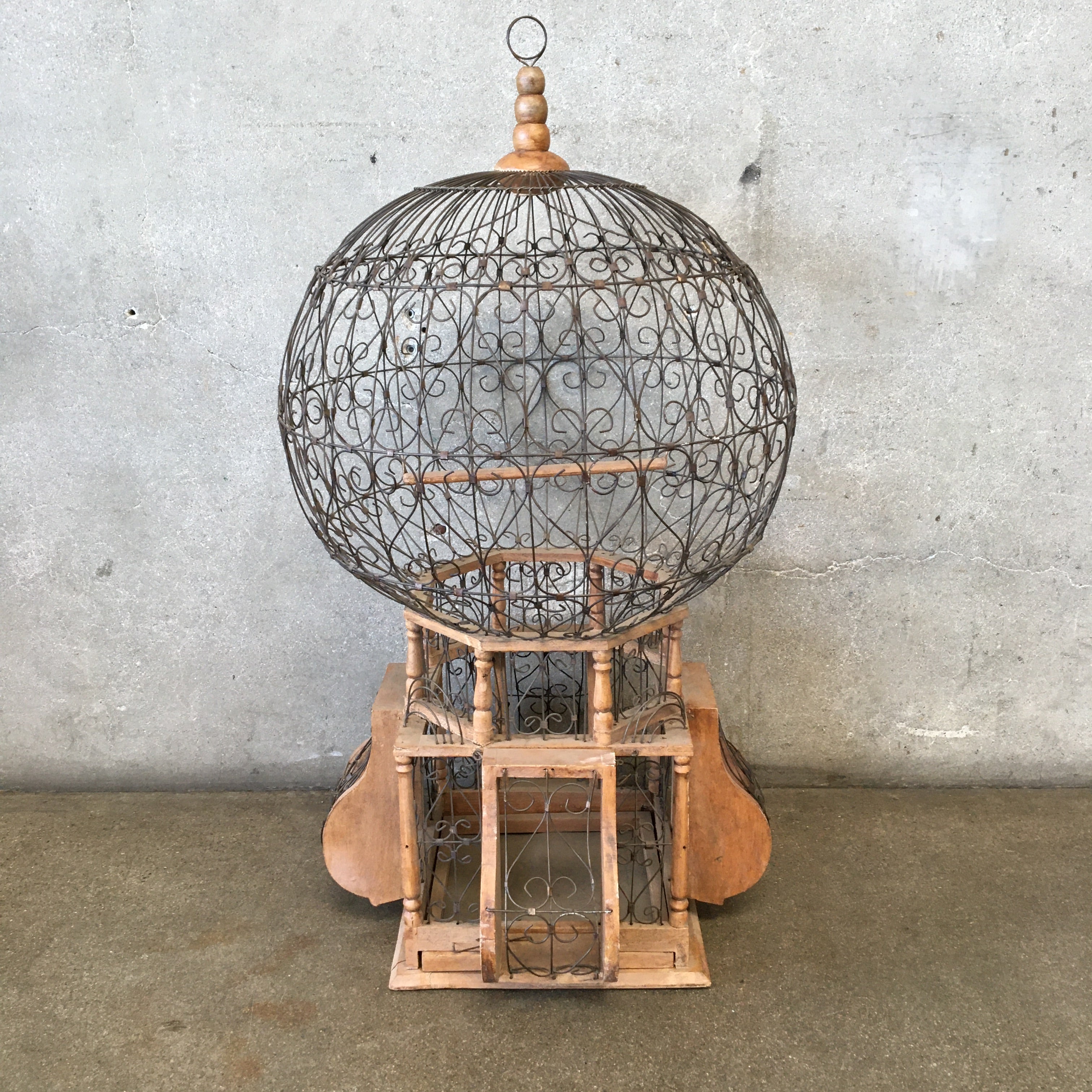 Antique Victorian Style Bird Cage Wood and Wire Sphere Hot Air