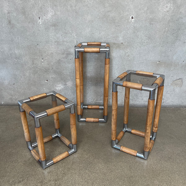 Mid Century Chrome / Bamboo Pedestal Side Table Set