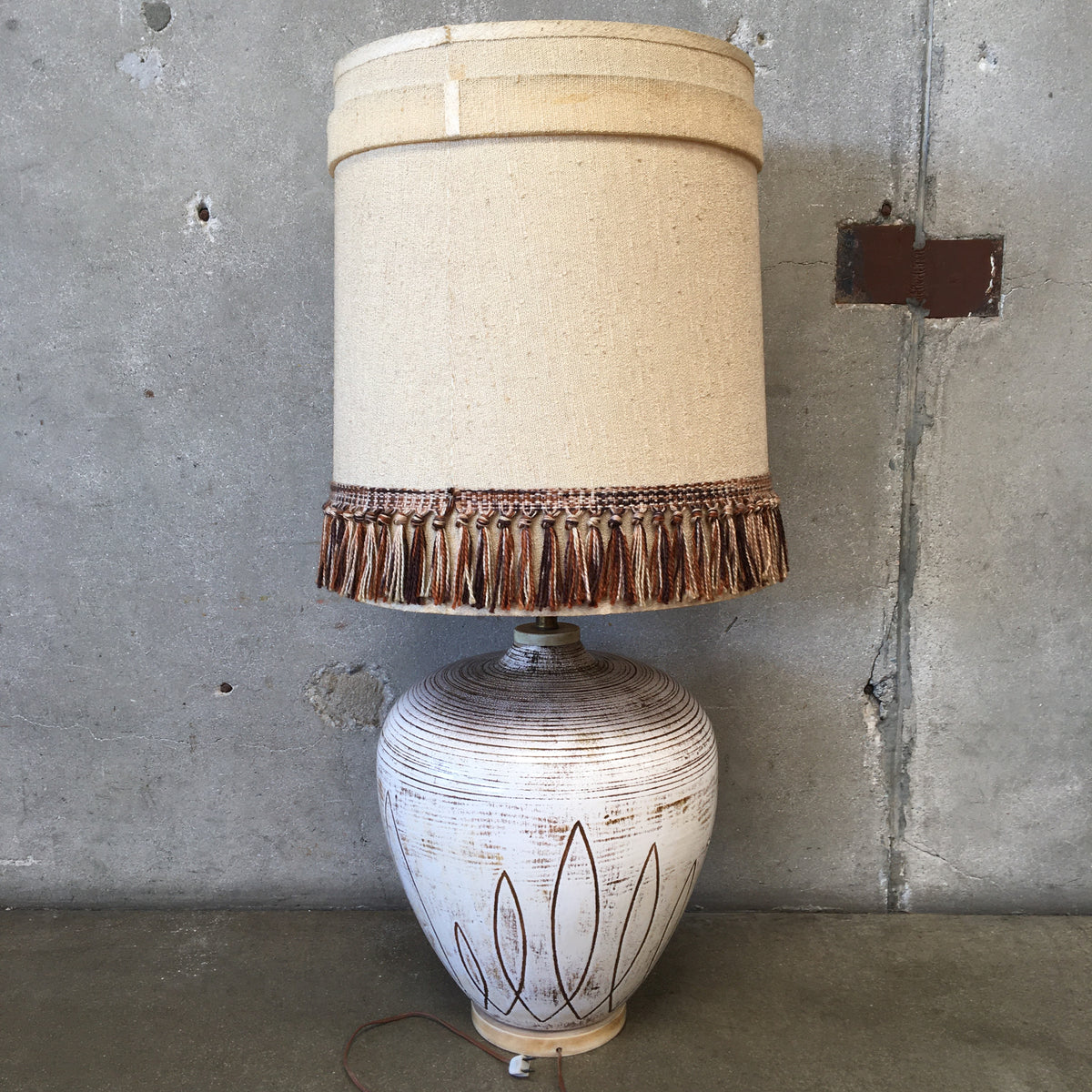 Large Vintage Ceramic Table Lamp With Earth-Tone Fringe Shade