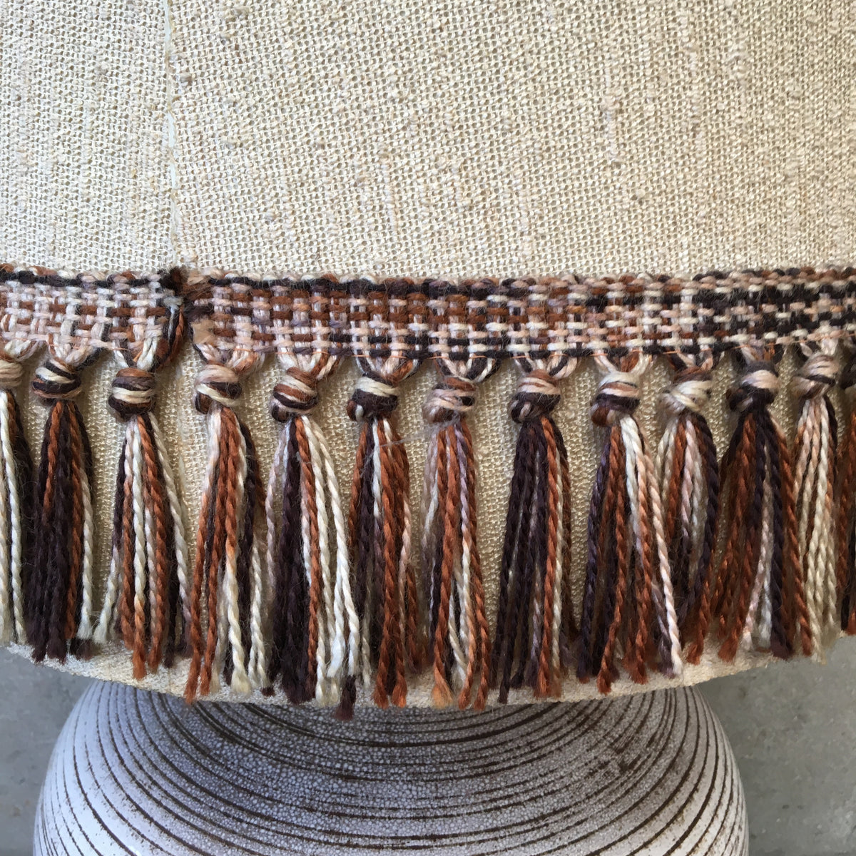 Large Vintage Ceramic Table Lamp With Earth-Tone Fringe Shade